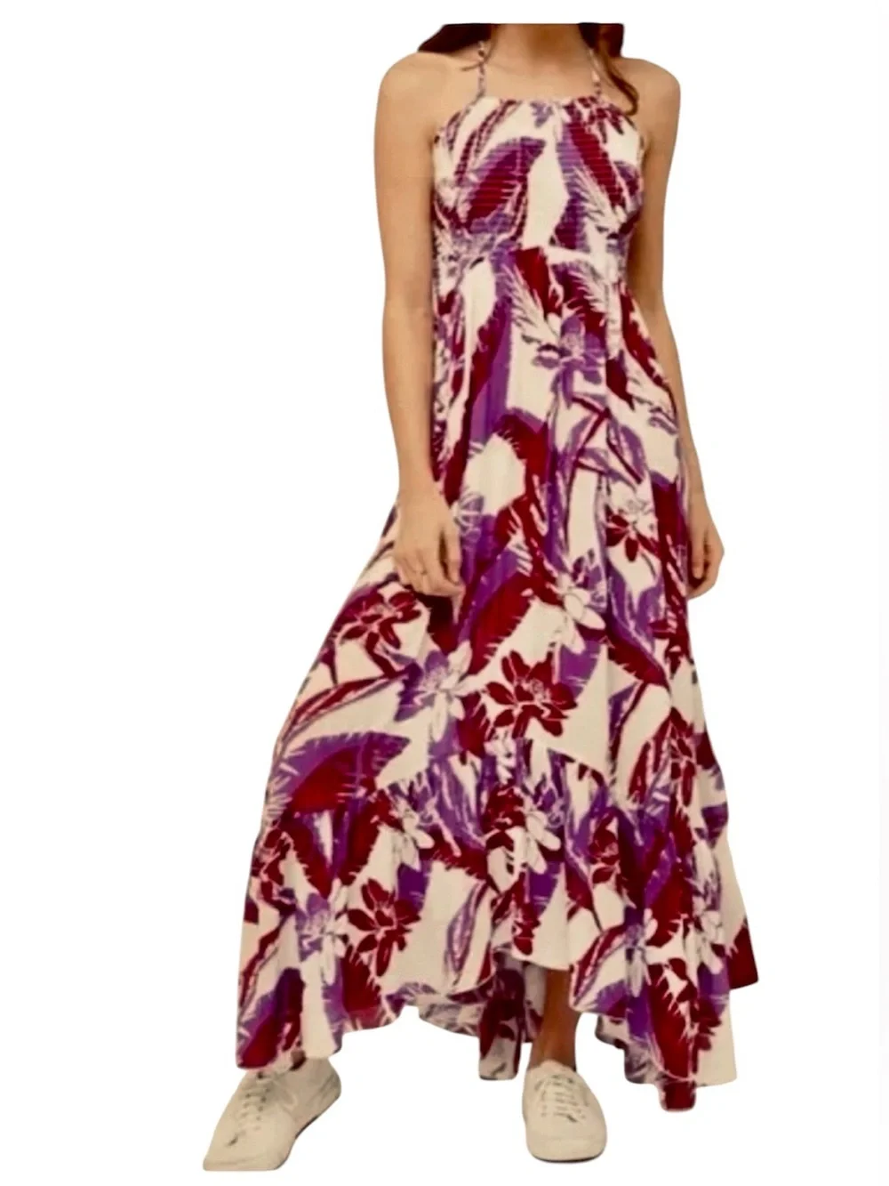 Free People Heatwave Floral Smocked Halter Maxi Dress in Purple & Maroon Sz M